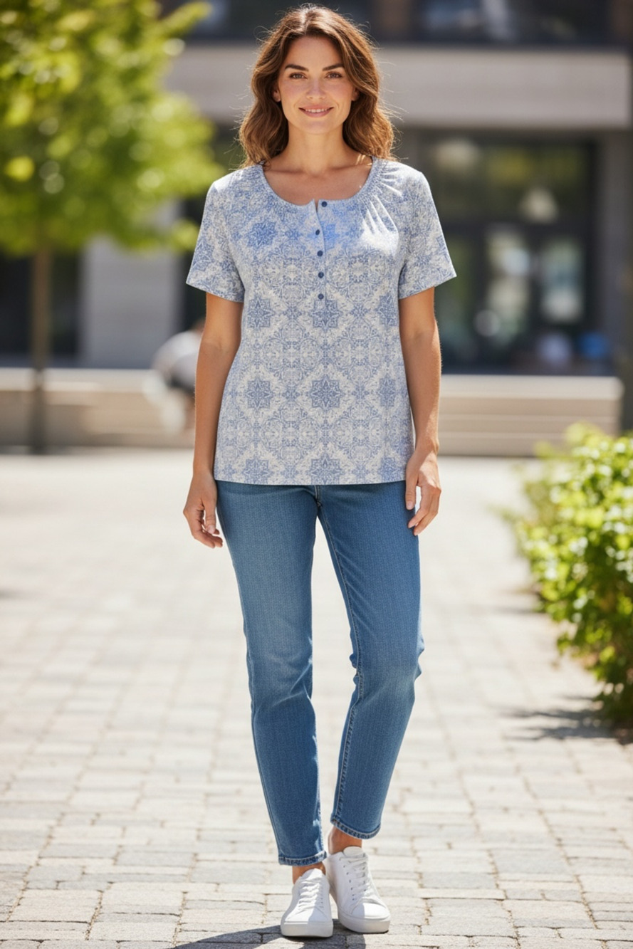 Hasting & Smith Blue & White Paisley Print Short Sleeve Blouse